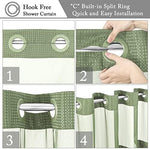 Gibelle waterproof shower curtain with snap in fabric liner attachment detail.