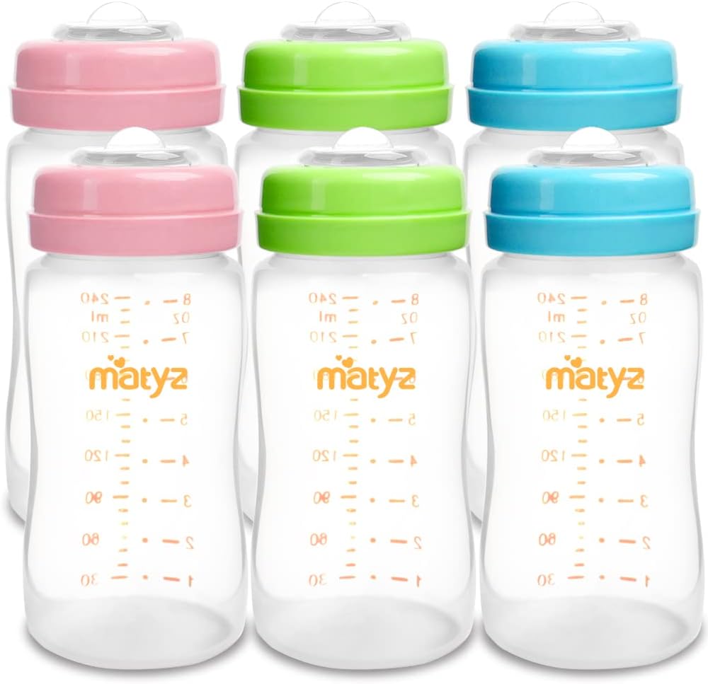 Matyz 6-pack breast milk storage bottles with colored lids front view