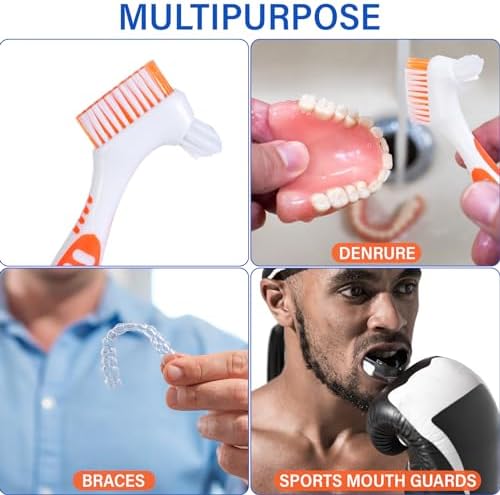 Dual head adult denture cleaning tool removing food debris from dental appliances.