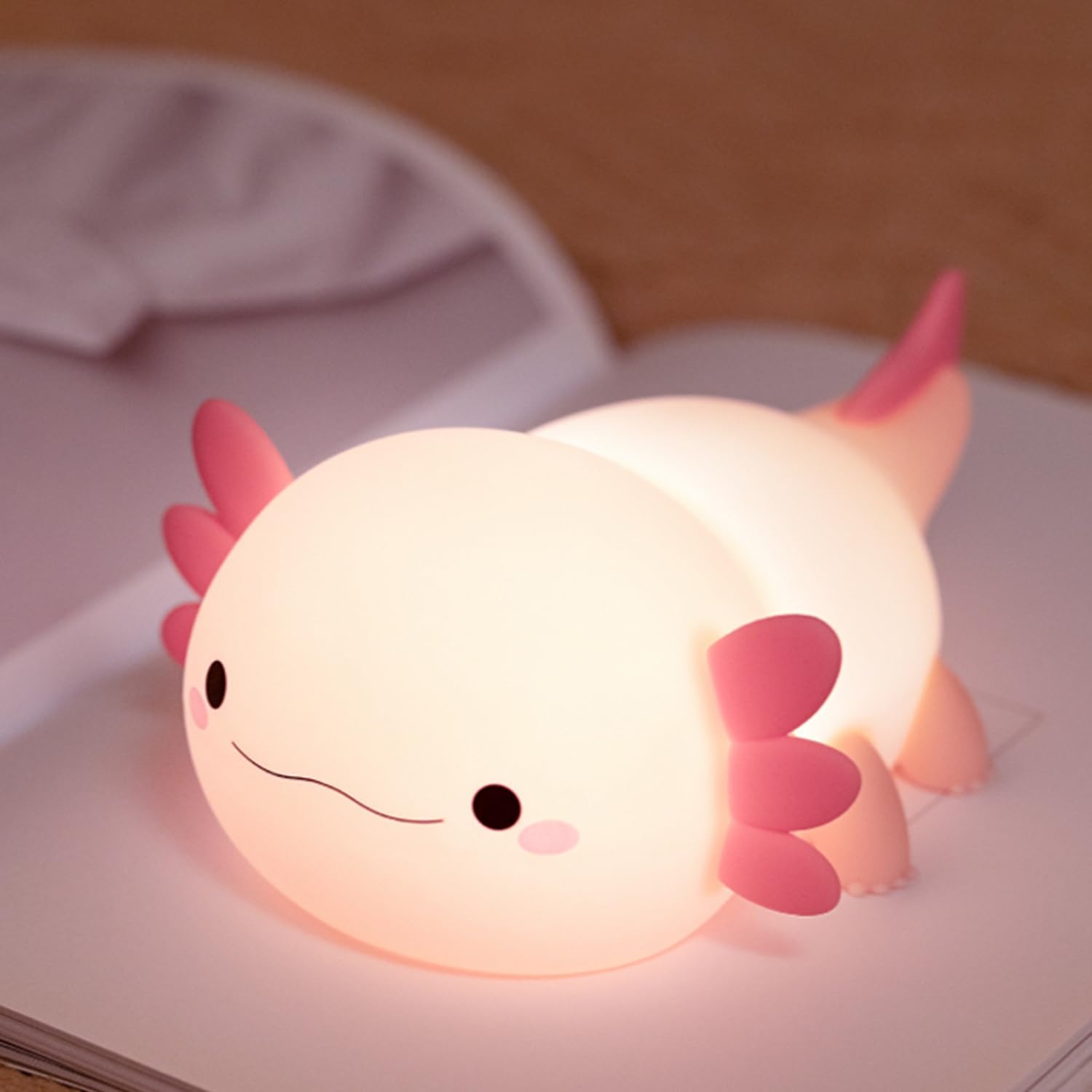 Myratts Axolotl night light front view on wooden desk