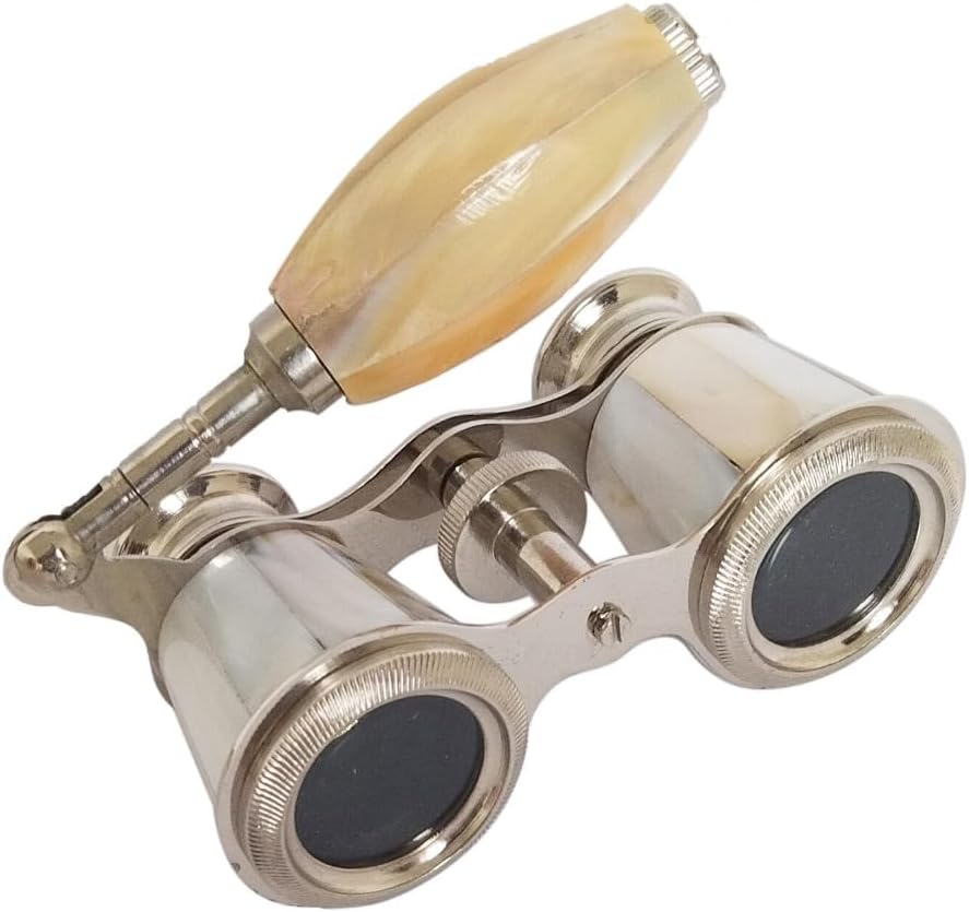 Sifaat World antique style opera glasses front view with polished nickel finish and mother of pearl accents.