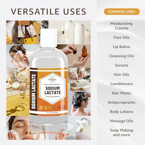Sixty percent concentration cosmetic grade sodium lactate liquid highlighting packaging details for skincare formulation.