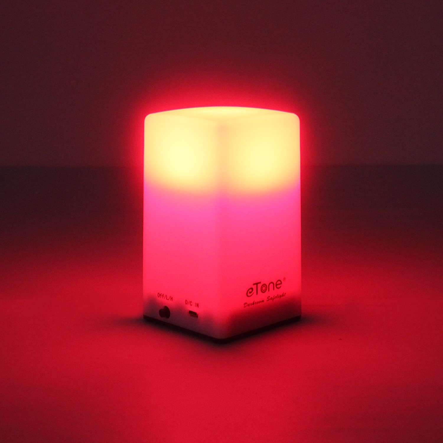 eTone Darkroom Portable Safe Light Lamp front view showing compact red LED design
