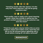 Eco-friendly Renovo fabric cleaner bottle highlighting the professional formulation.