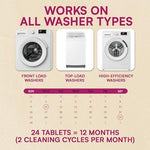 Step by step demonstration of placing the eco friendly cleaning tablet inside an empty top load washing machine tub