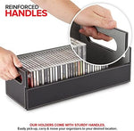 Black media storage organizer with reinforced handles for easy carrying.
