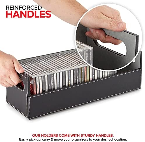 Black media storage organizer with reinforced handles for easy carrying.