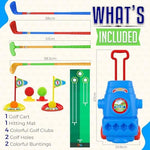 Children playing with ToyVelt golf clubs and rolling cart