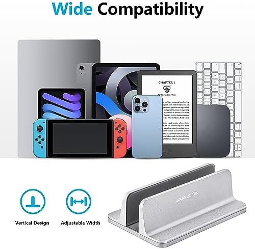 Side angle view of the silver metallic notebook dock holding a premium laptop vertically