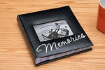 Malden black faux leather 4x6 photo album displaying the two-up page layout and dedicated memo writing spaces.