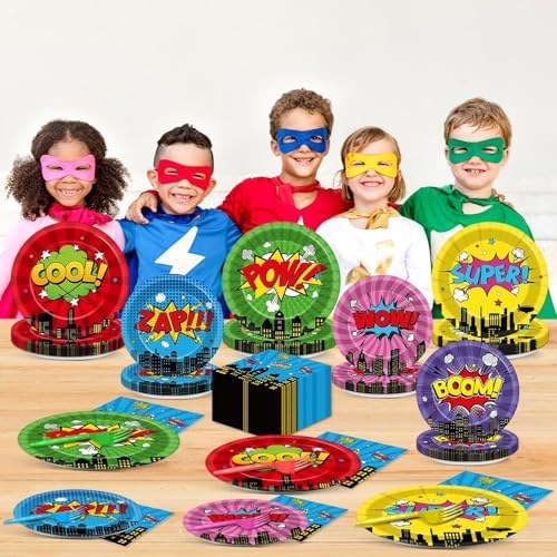 Top down view of full superhero birthday table setting for 24