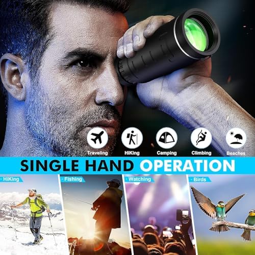 Compact high powered monocular for adults showing the clear sixty millimeter objective lens