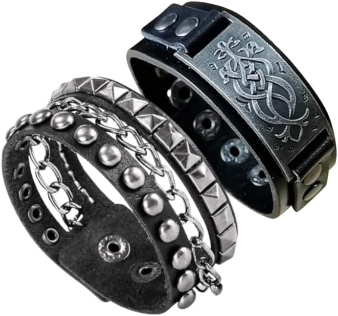 BaBakiak 2pcs punk leather cuff bracelets front view goth rock fashion accessory