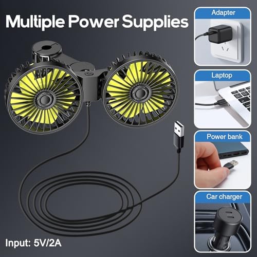 Dealswin brushless motor car seat fan illustrating 360 degree multi directional rotation capability.