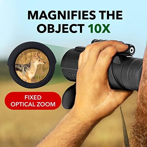 Close up of the Starscope G3 monocular integrated front lens cap and protective rubberized housing for outdoor durability.