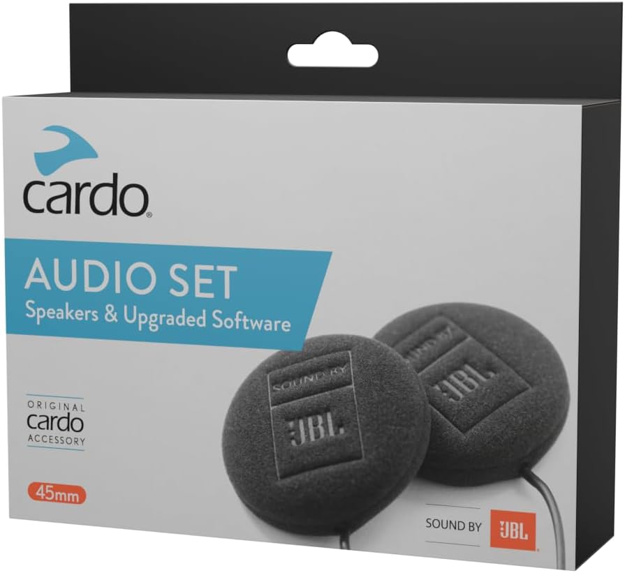 Cardo 45mm audio set front view highlighting premium helmet speaker upgrade