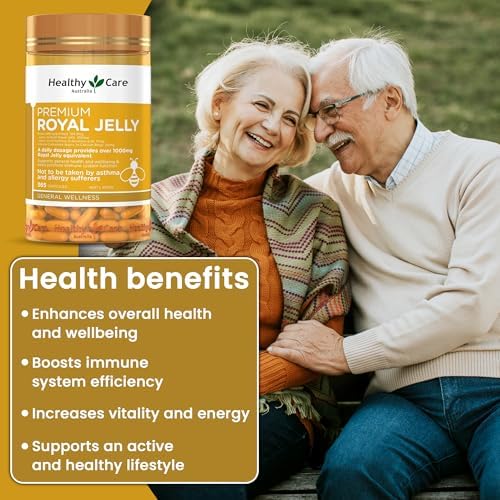 Healthy Care Royal Jelly capsules container showcasing allergen warnings and certified brand sealing