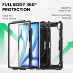 Heavy-duty protective case showing precise cutouts for buttons and the integrated Apple Pencil holder slot