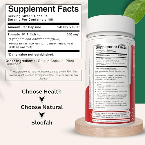 Bloofah Lycopene 10 to 1 concentrated tomato extract supplement nutrition facts and ingredient label.
