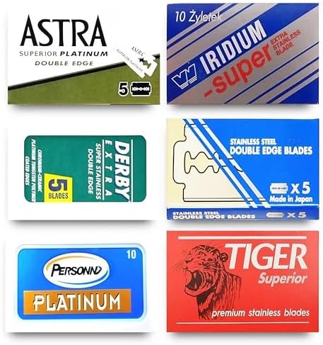 Selection of premium double edge razor blades from various global brands.