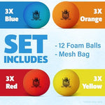 Vibrant two inch soft foam indoor floor hockey balls spread out on a smooth surface.