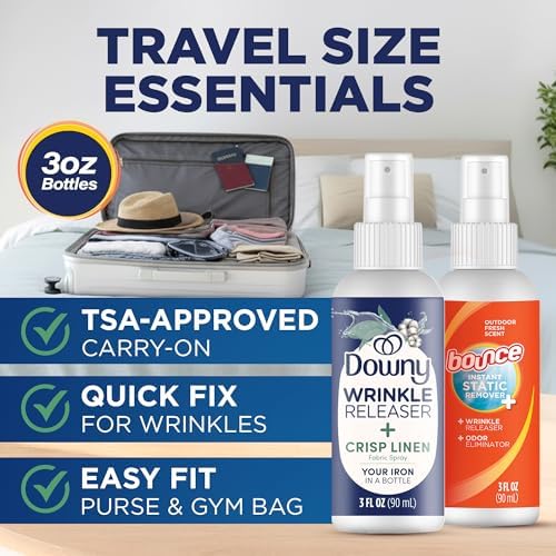 Downy crisp linen fabric spray packaging illustrating the spray tug and smooth process