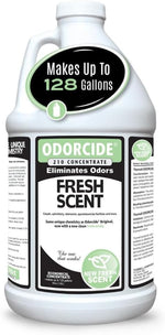 Odorcide 210 half gallon concentrate showing dilution guidelines for carpet cleaning