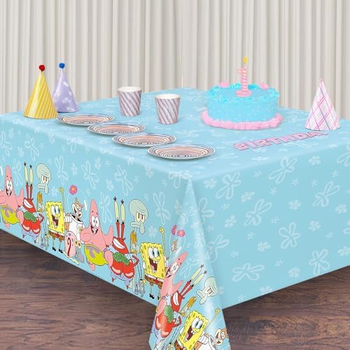 Durable and spill proof theme party table cover showing the detailed borders and colorful Bikini Bottom character illustrations.