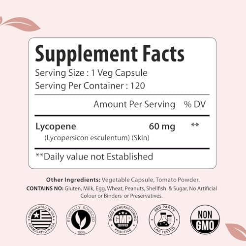 ForestVibe Lycopene 60mg natural carotenoid complex nutritional facts label showing clean ingredients.
