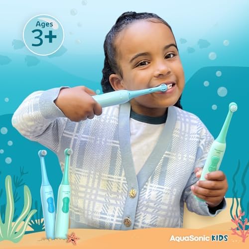 Close up of Aquasonic kids toothbrush soft bristles designed for sensitive child gums