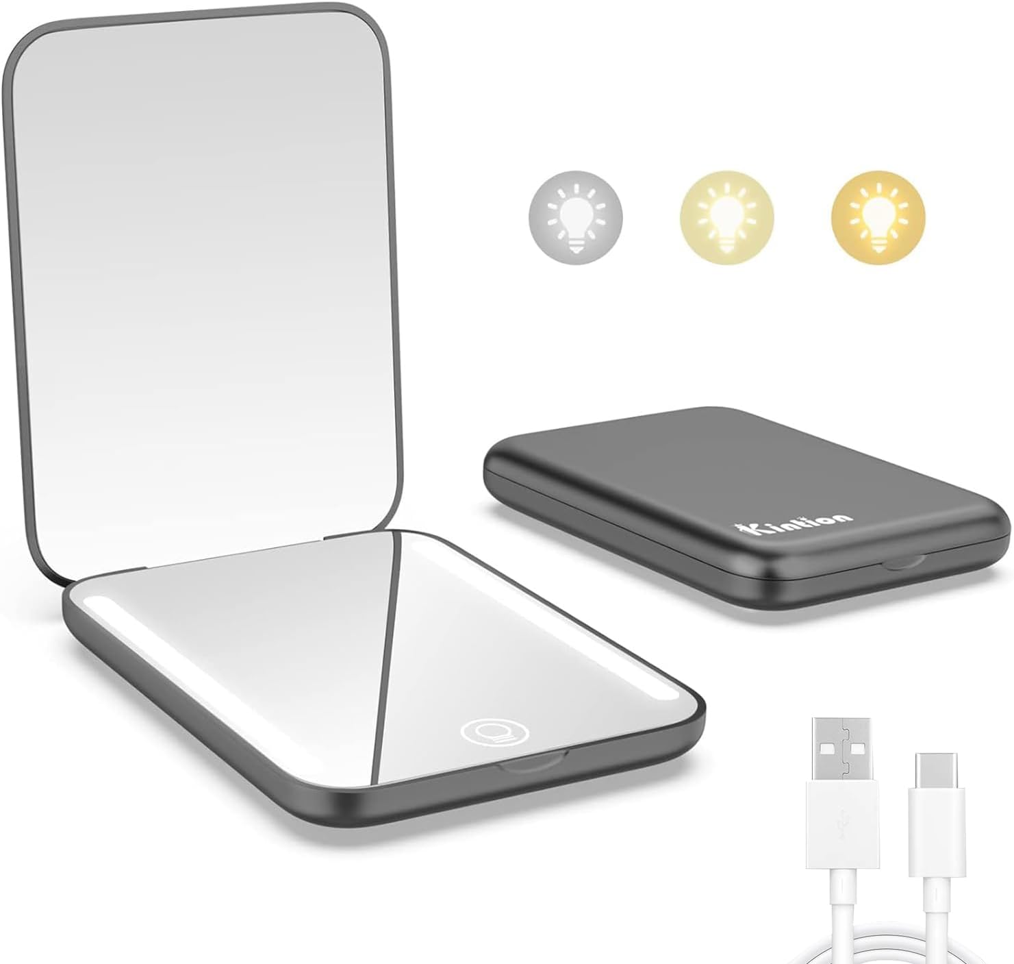 Kintion rechargeable pocket mirror front view showing black compact casing