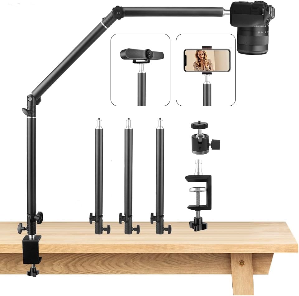 Jebutu heavy duty overhead camera desk mount stand front view clamped to studio table holding a DSLR camera.