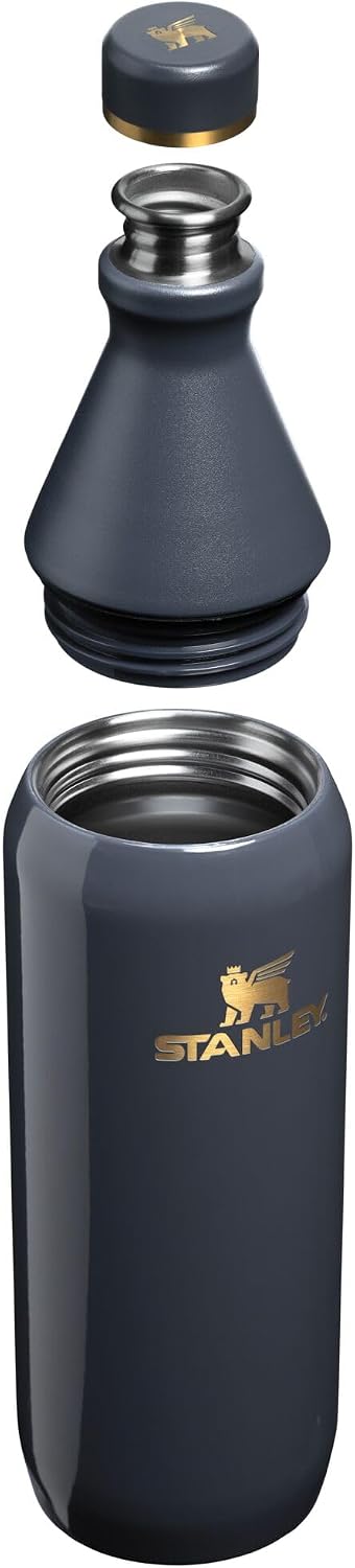 Sleek imported Stanley stainless steel water bottle for travel and gym.