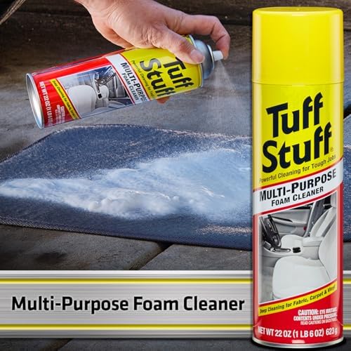 Back label of Tuff Stuff foaming spray detailing the chlorine free features and safety instructions for automotive and home use.