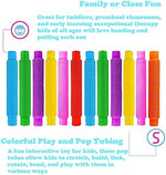 Toddler hands pulling and stretching a bright blue plastic fidget tube to demonstrate flexibility