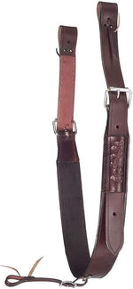 Tough 1 leather flank cinch showing roller buckles and tooled accents