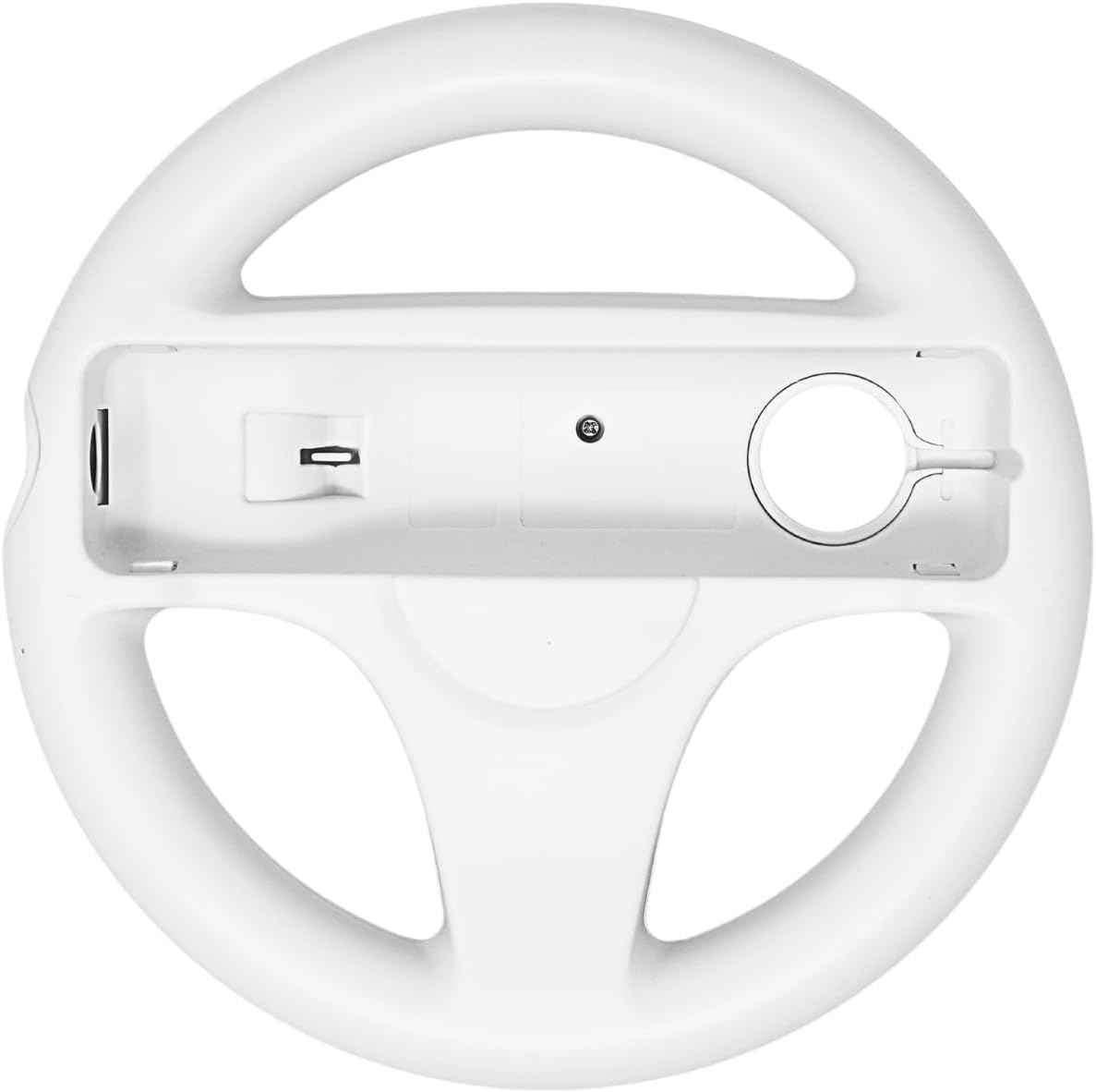 Old Skool Racing Wheel front view showing white plastic frame and central remote slot for Mario Kart.