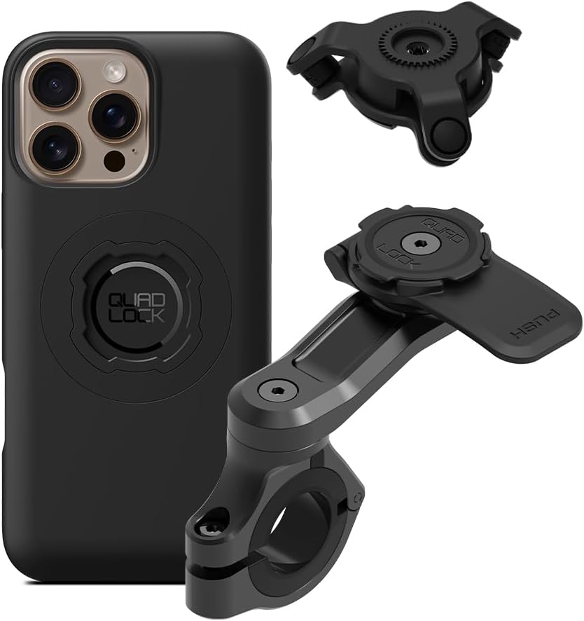 Quad Lock motorcycle handlebar mount PRO kit front view showing black aluminum structure