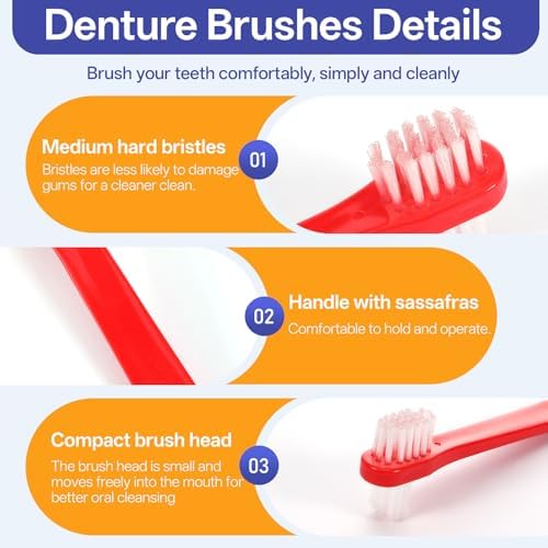 Ergonomic non-slip handle design of the red and blue Josojoou manual denture toothbrushes.
