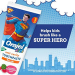 Orajel watermelon flavor kids toothpaste tube showing Superman character design.