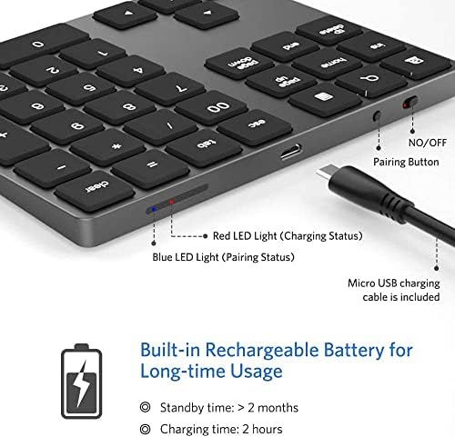 JOYEKY portable Bluetooth numeric pad displayed next to a compact laptop bag demonstrating its lightweight travel design