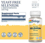 Solaray Yeast Free Selenium dietary supplement bottle showcasing ingredient facts and vegan logo.