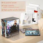 MayRecords vinyl record display stand holding media cases on a modern shelf