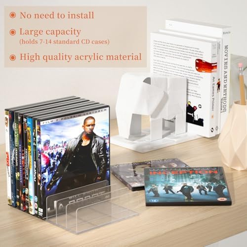 MayRecords vinyl record display stand holding media cases on a modern shelf