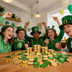 Complete 200 count bulk packaging of festive holiday leprechaun coins