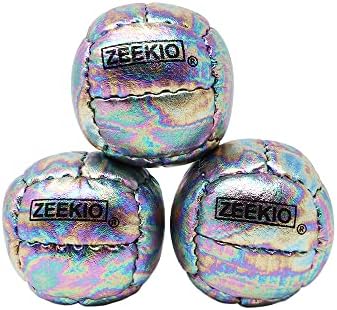Three professional Zeekio Galaxy leather juggling balls displayed inside their premium branding box.