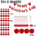 Preassembled red happy valentine day text banner hung over a beautifully decorated home fireplace setup.