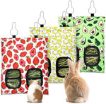 Three piece red strawberry pattern hanging guinea pig hay bags showing two circular feeding holes.