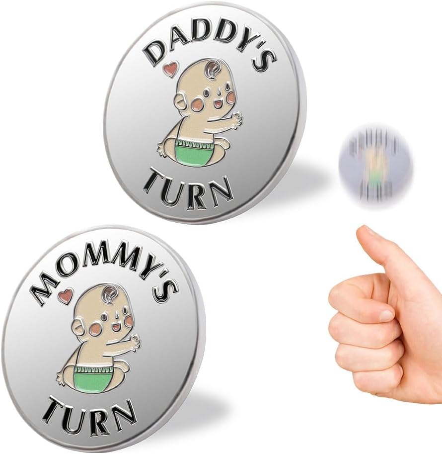 Vichona new parent decision coin showing the front view with Mommy's Turn engraving.