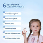 ELOTAME children sonic automatic toothbrush kit including four interchangeable brush heads and a matching dustproof gargle cup.